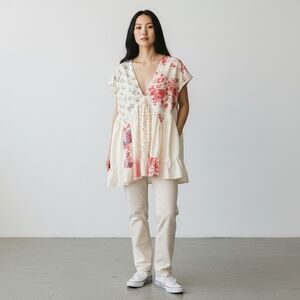 Boho Patchwork Floral Dress Cream Pink Blue Cottagecore Flowy Babydoll Size M